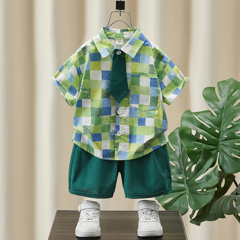 男童夏装套装儿童2025洋气时髦宝宝夏季衬衫薄款格子短袖两件套潮