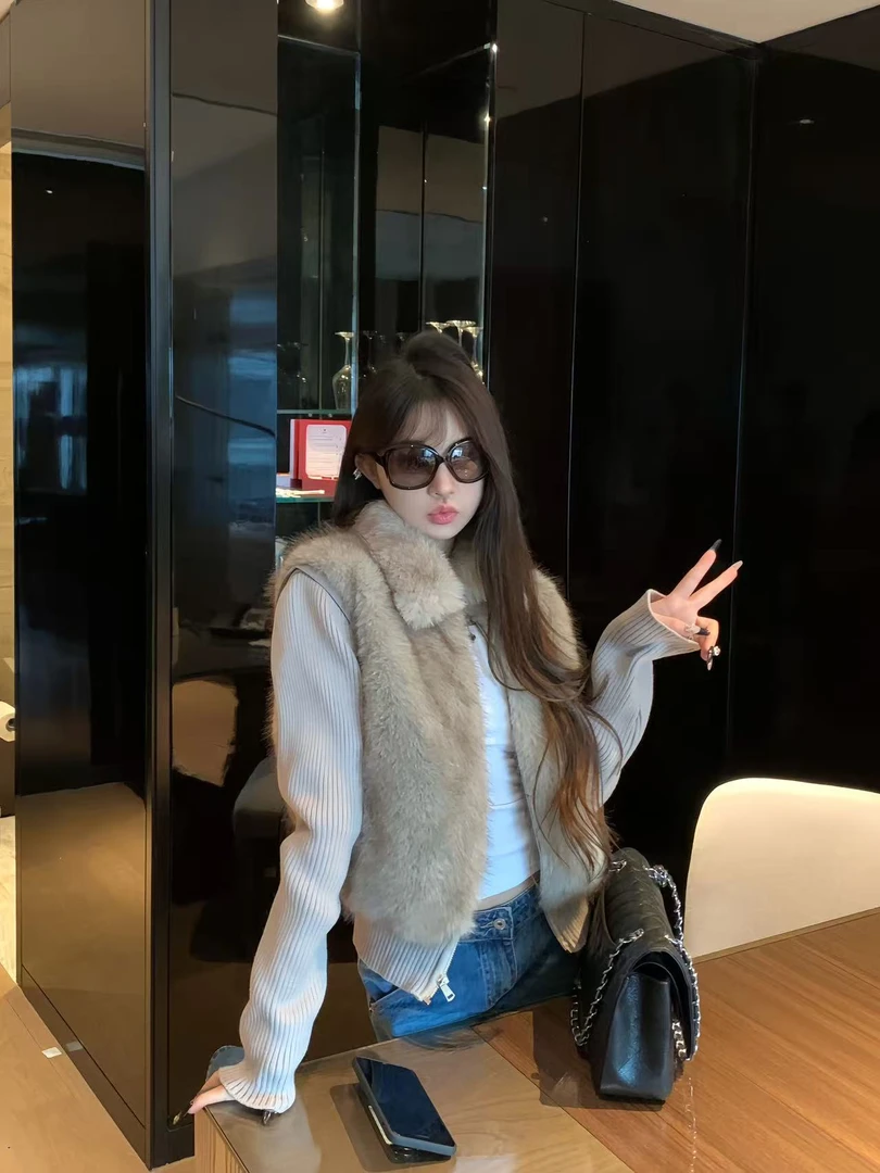 2025秋季新款洋气毛毛外套 拼接百搭上衣 袖子可拆卸