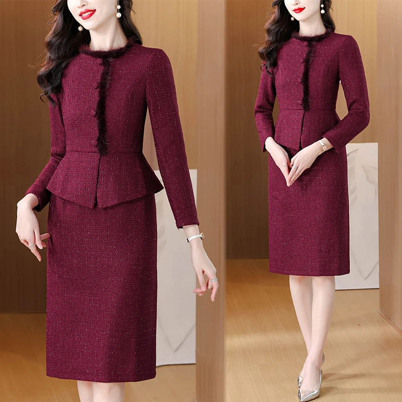 实拍酒红色小香风包臀裙女冬新款时尚修身气质假两件酒红色连衣裙