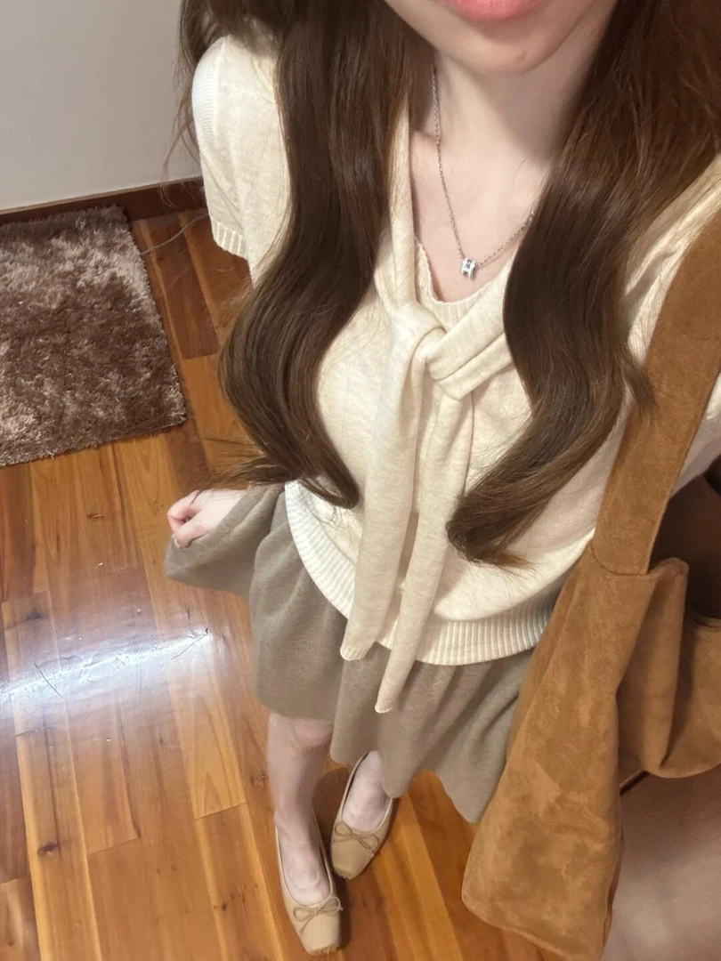 2025夏季新款韩系减龄穿搭披肩气质针织短袖上衣高腰半身裙套装女