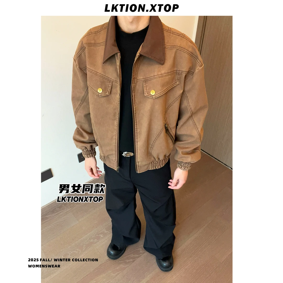 秋季2025新款复古美式做旧水洗PU皮衣男士重磅质感廓形短款皮夹克