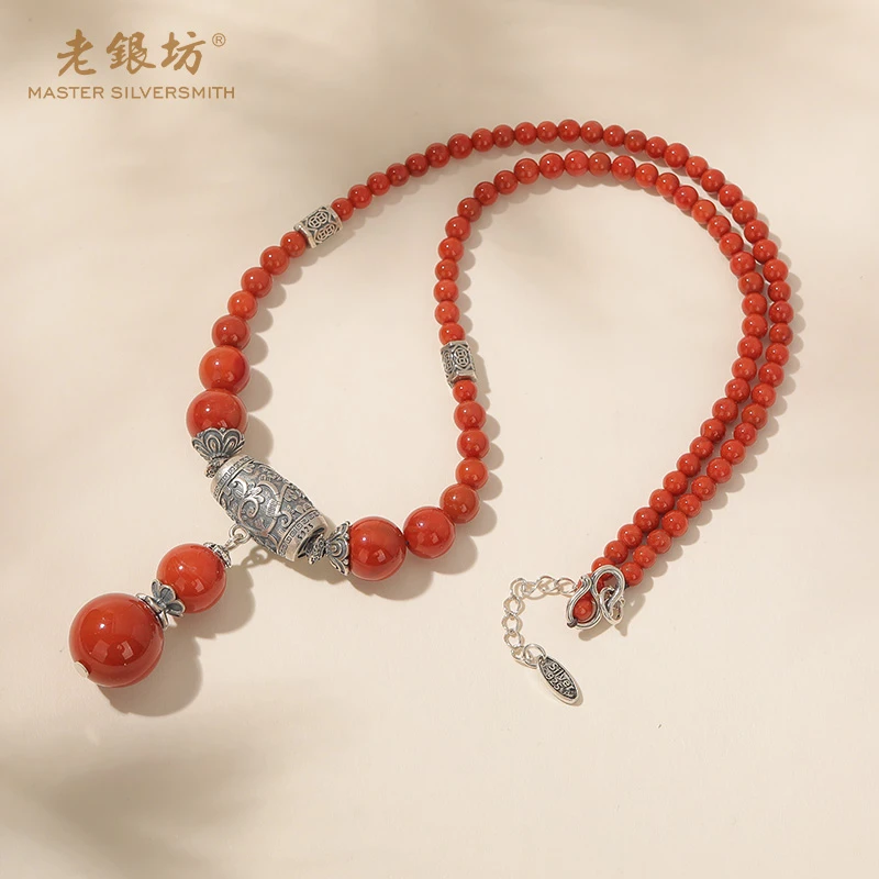 【老银坊】s925银复古花纹桶珠南红塔链项链 品质珠宝 00221209