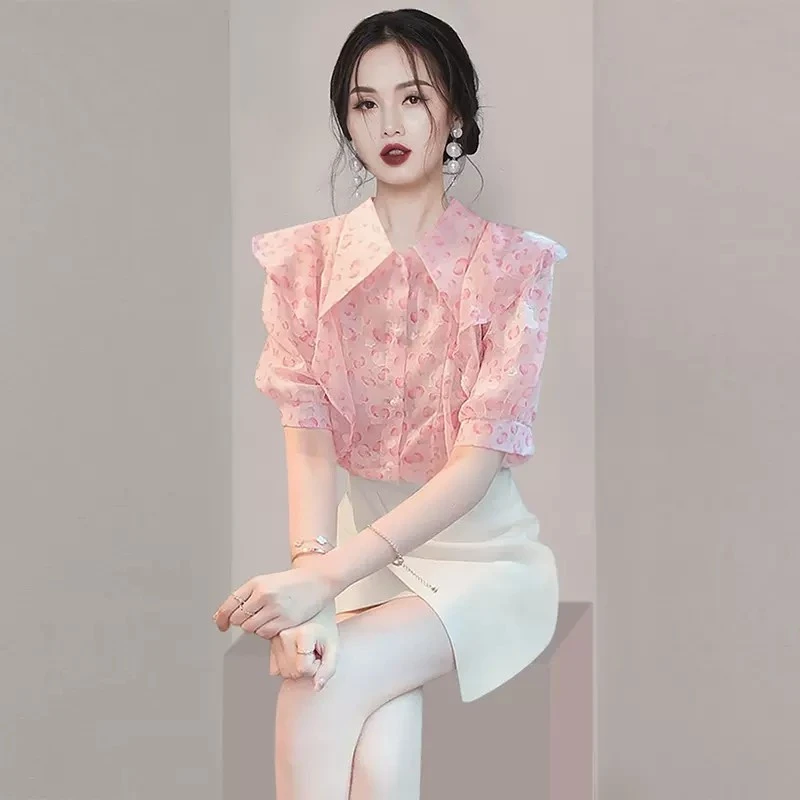 设计感小众别致独特粉色衬衫女2025夏季新款女装洋气时髦印花上衣
