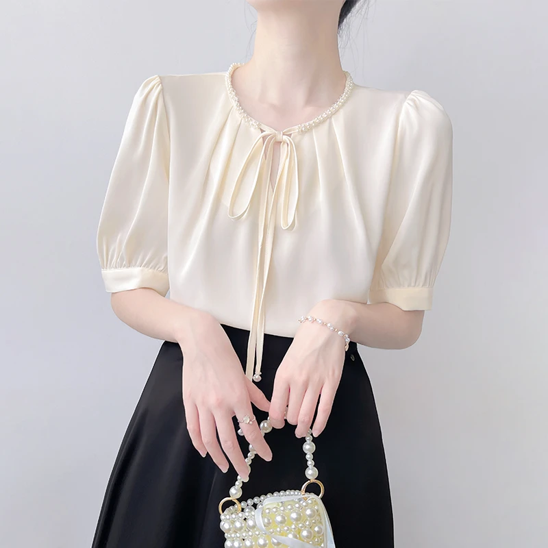 Q642钉珠圆领系带短袖衬衫女2025年夏季新款通勤时尚气质显瘦上衣