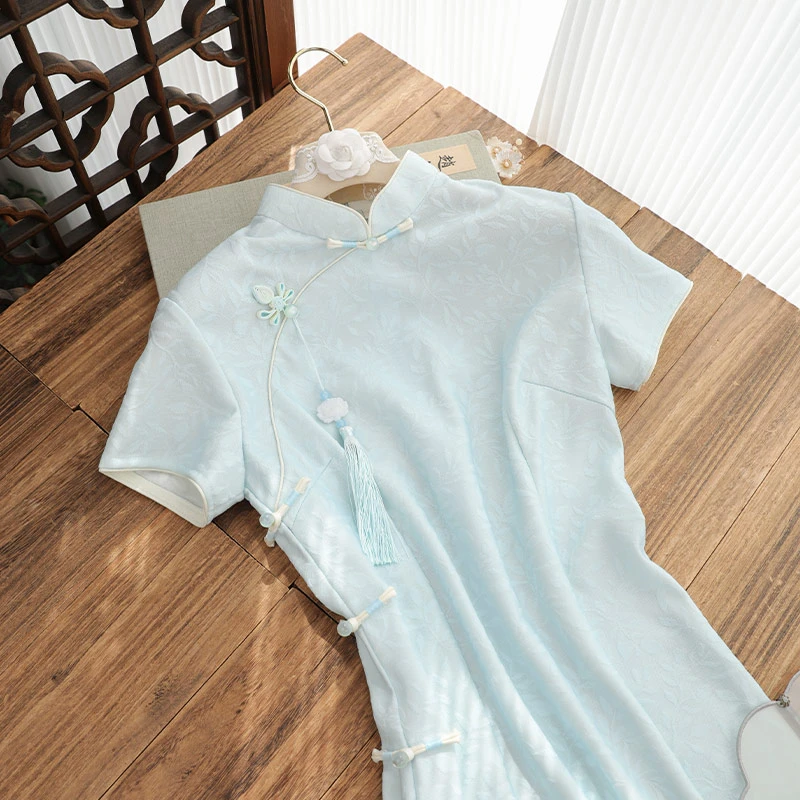 俏娘鱼旗袍裙子女款爆款2025新款中国风蓝色淑女范新中式短袖日常