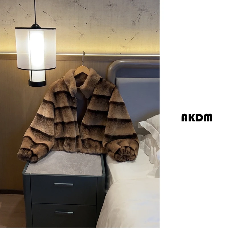 人造皮草 AKDM撞色奢美条纹短款毛毛外套冬款上衣女5201