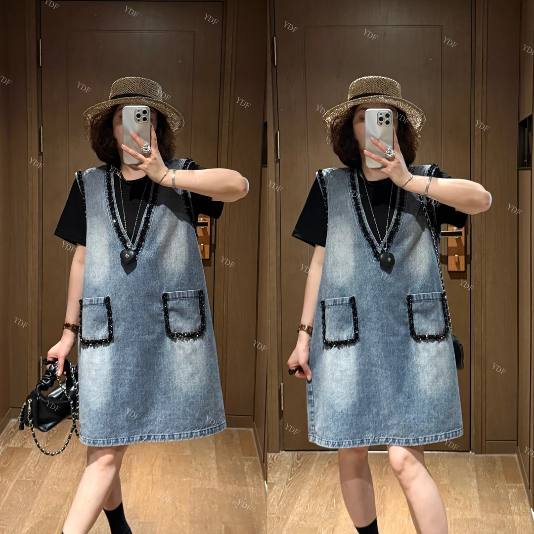 YDFSTUDIO小众【里斯本蓝】欧货高品轻奢设计感T恤+牛仔背心裙套装