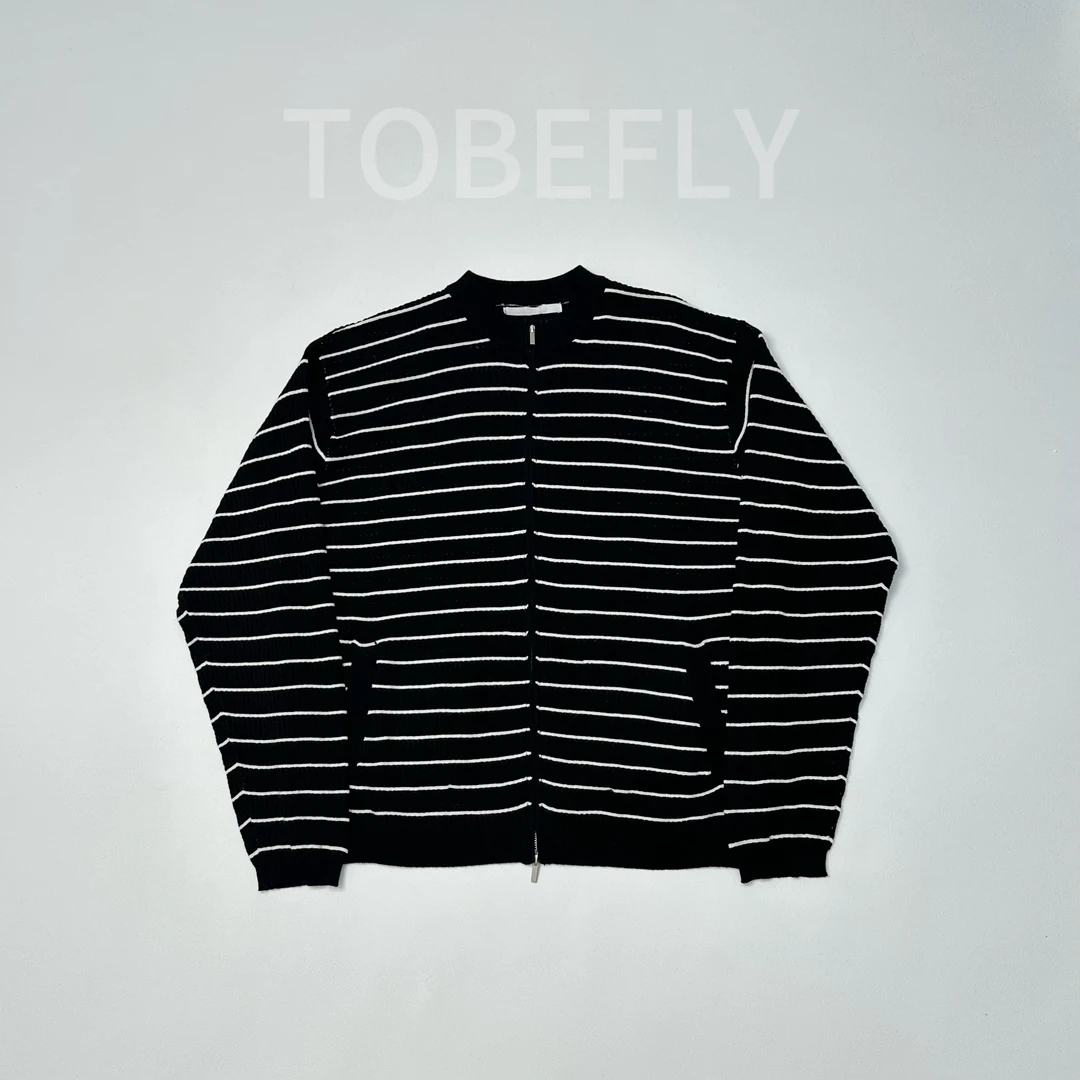 Tobefly春夏长袖立领镂空条纹开衫纯棉拉链休闲百搭M039