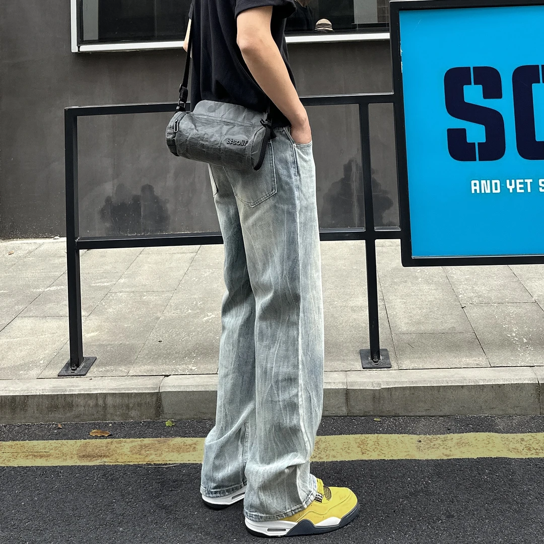 QUALCOMM美式高街竹节纹微喇直筒牛仔裤男秋季cleanfit百搭拖地裤