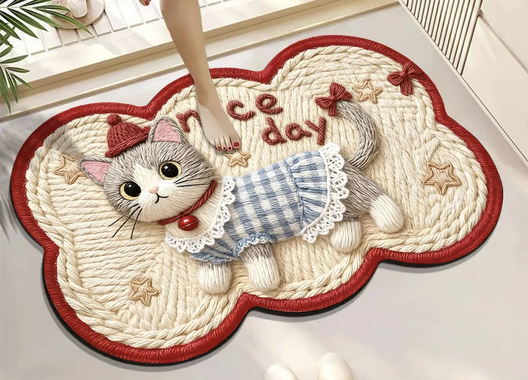 【猫咪】编织风 5d 立体硅藻泥 入户地垫卫生间吸水防滑浴室90X60cm