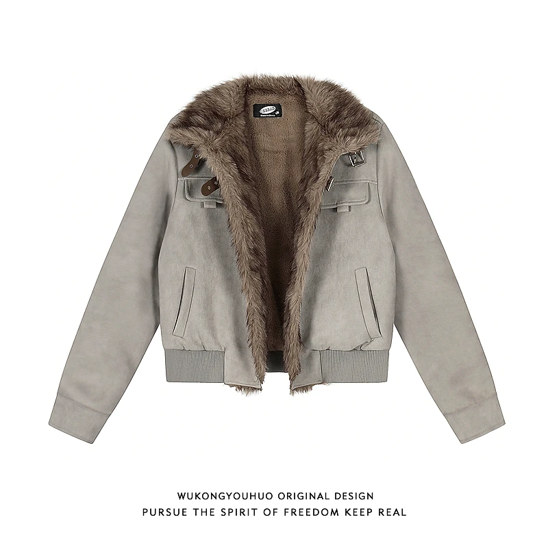 悟空有货座山雕冬季加绒加厚短款棉服外套男皮毛一体立领机车夹克