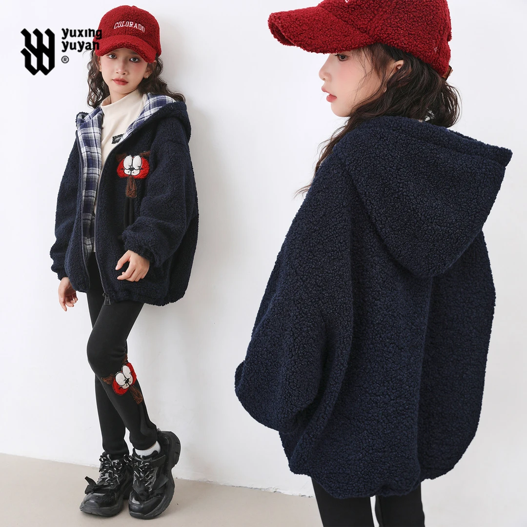 雨星雨嫣童装女童毛毛外套冬装2025新款洋气卡通连帽保暖上衣