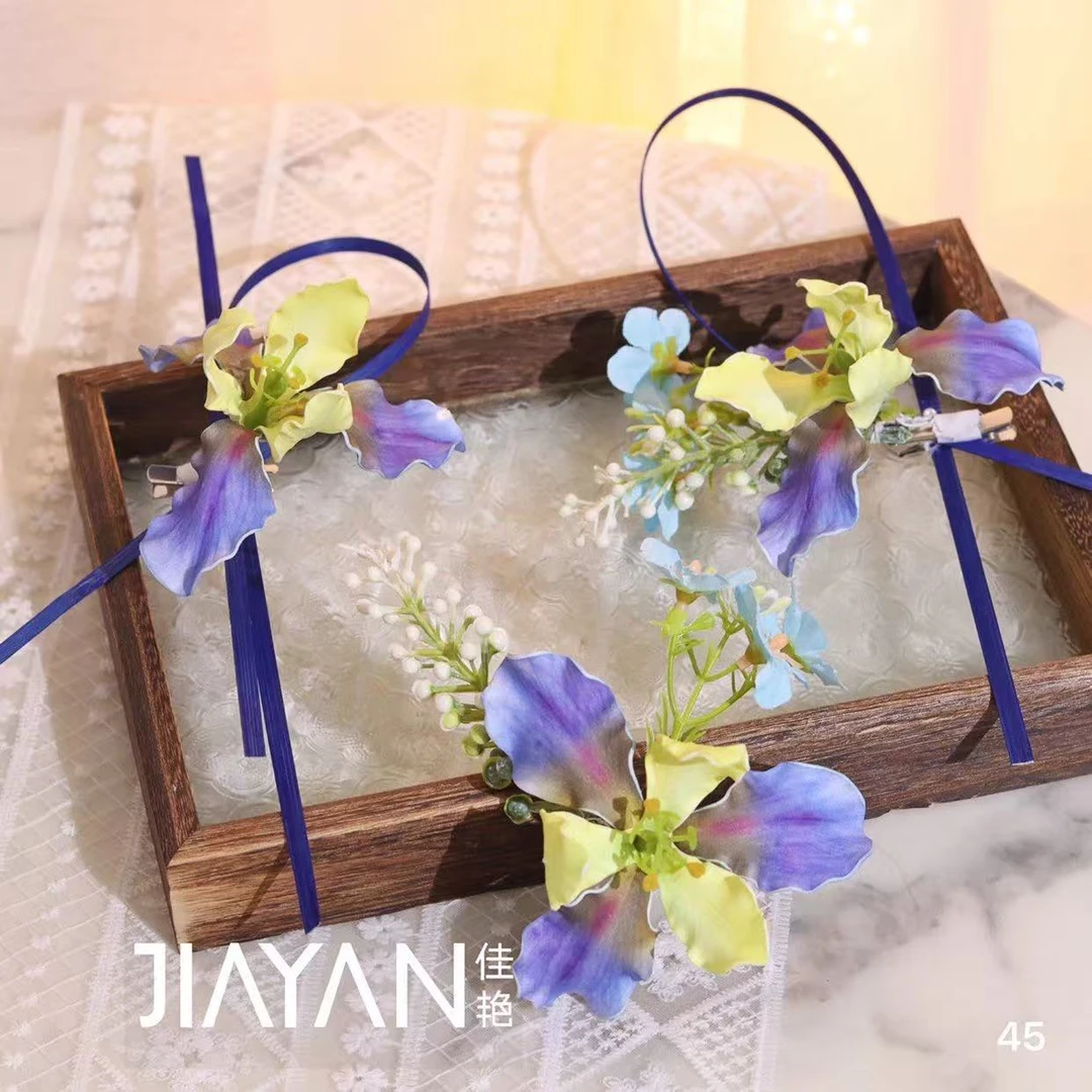 3172蓝色鸢尾仿真花新中式搭配晨袍礼服新娘头饰