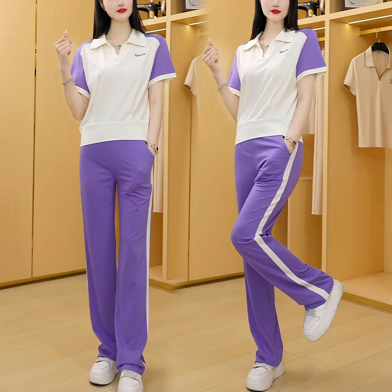 Polo衫短袖运动服套装女2025新款夏季时髦洋气减龄显瘦拼色两件套