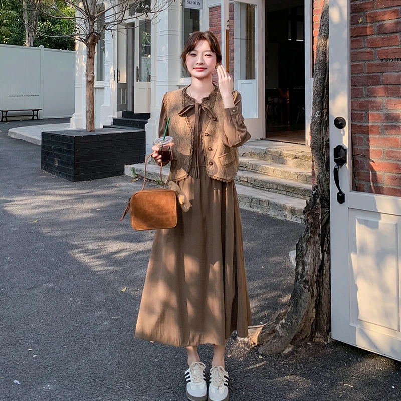 连衣裙套装女中长款2025年春季新款小香风马甲长袖衬衫裙子两件套