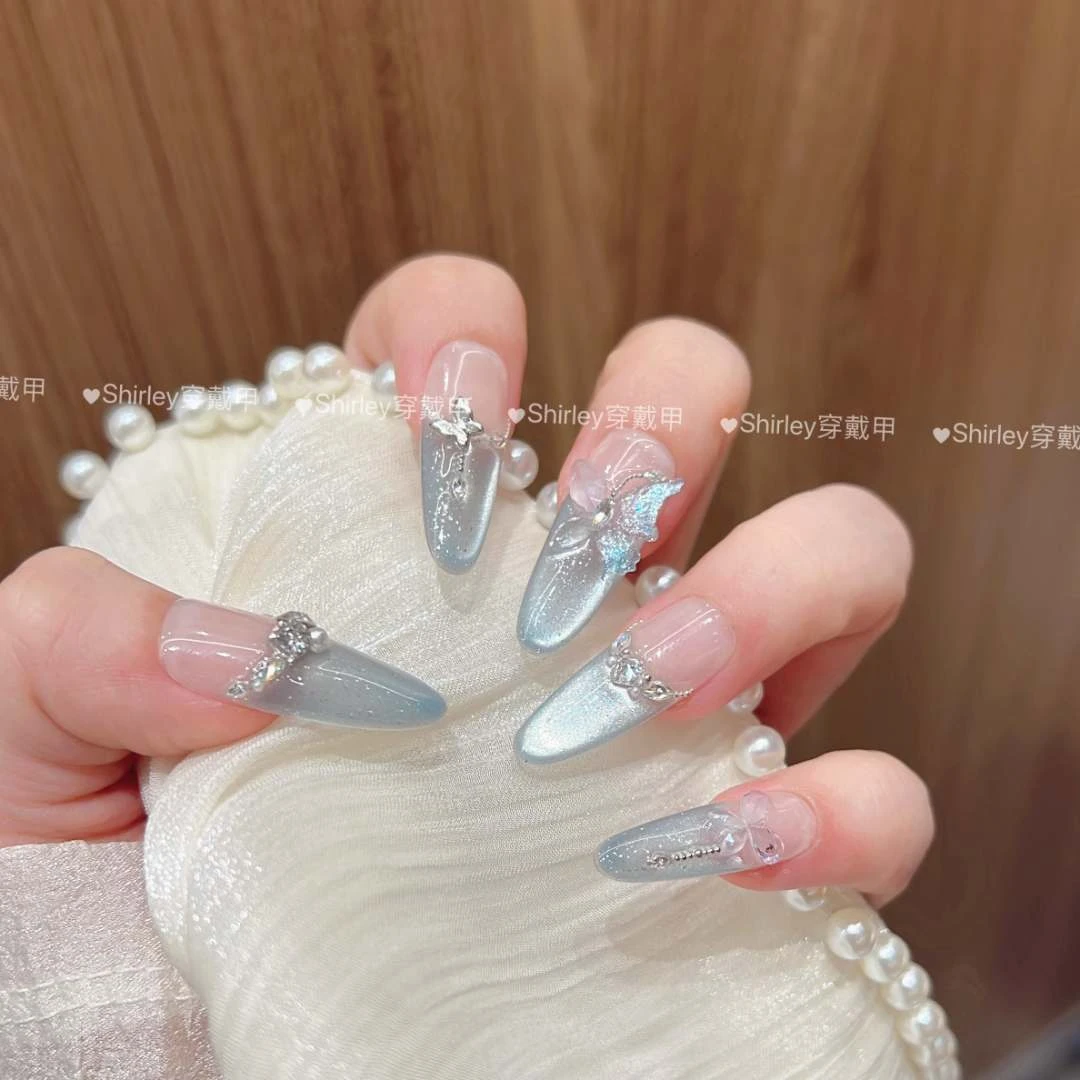 【冰蓝蝴蝶】手工穿戴甲10片装可拆卸宠粉爆款气质美甲贴WY