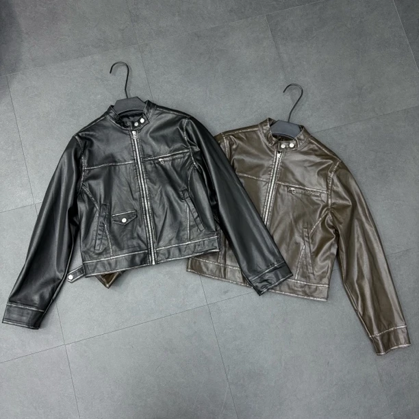 女士短款擦色做旧时尚小立领皮衣1594