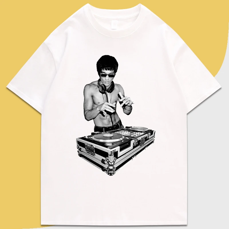 Bruce LEE李小龙打碟复仇者联盟钢铁侠唐尼趣味圆领短袖T恤潮DJ