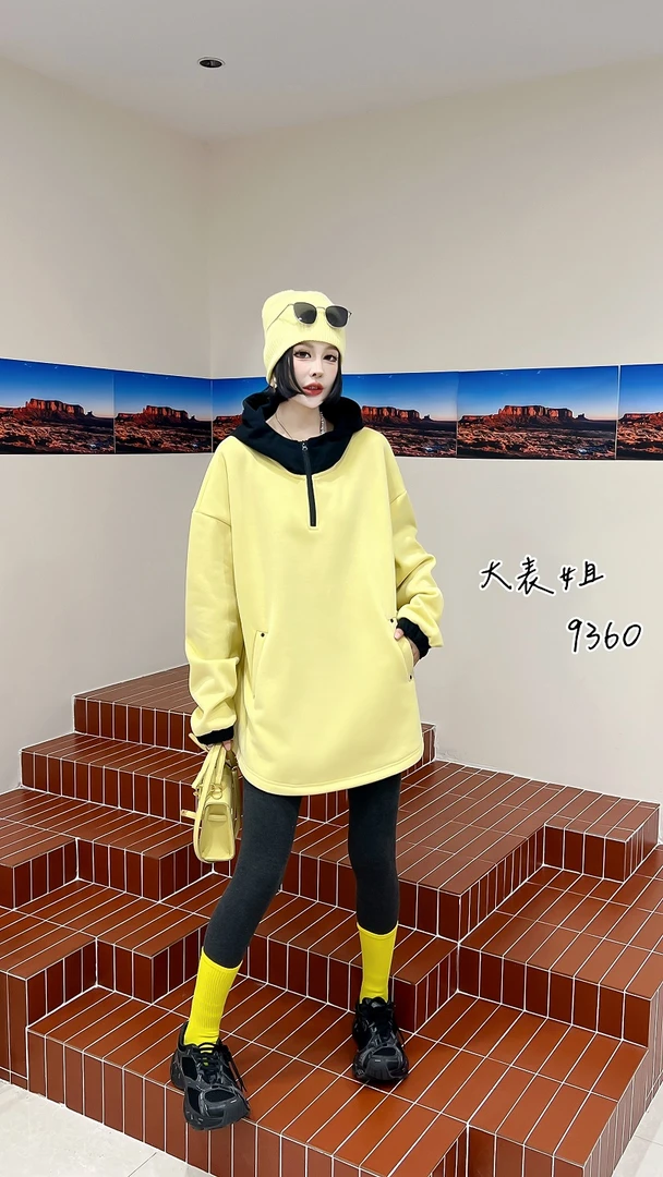 9360胖妹妹连帽拼色袖口长袖卫衣韩版大码女装宽松百搭休闲上衣