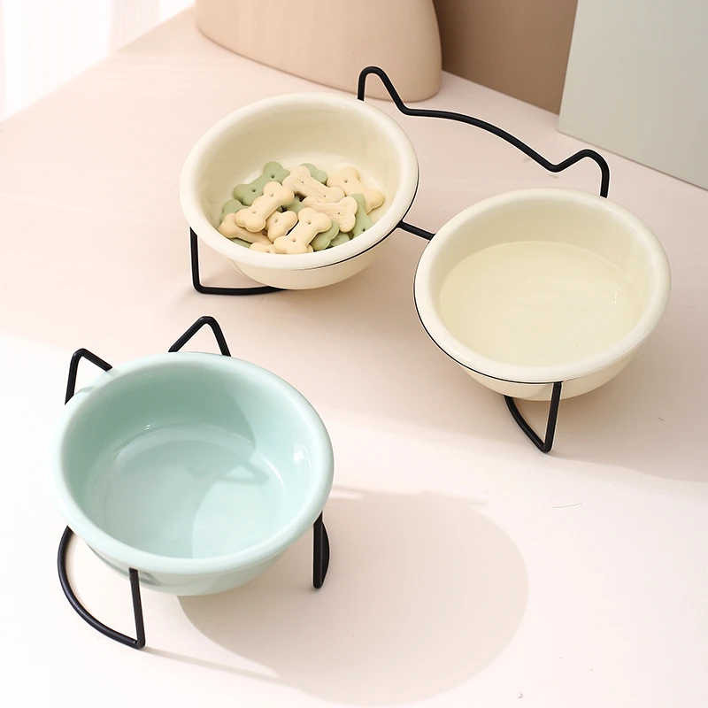 奶油风猫碗陶瓷双碗带猫耳铁架保护颈椎防打翻猫粮碗水碗宠物食盆
