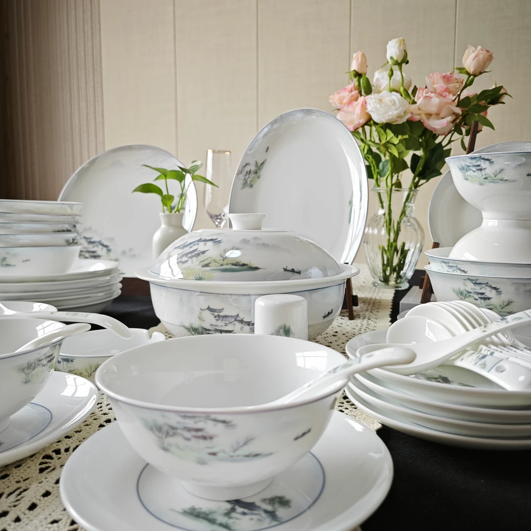 景德镇白瓷梦里水乡餐具套组高档高白瓷轻奢餐具
