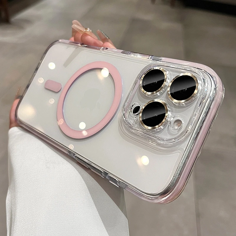 少女粉适用于苹果16pro手机壳透明磁吸简约网红女款17防摔高级感