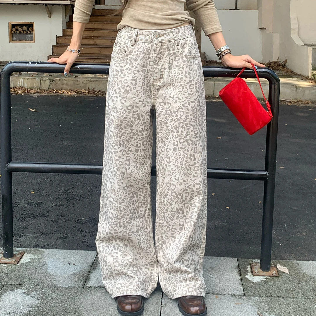 橘子树在哪儿美式特调白灰色豹纹裤女设计感宽松阔腿直筒牛仔裤