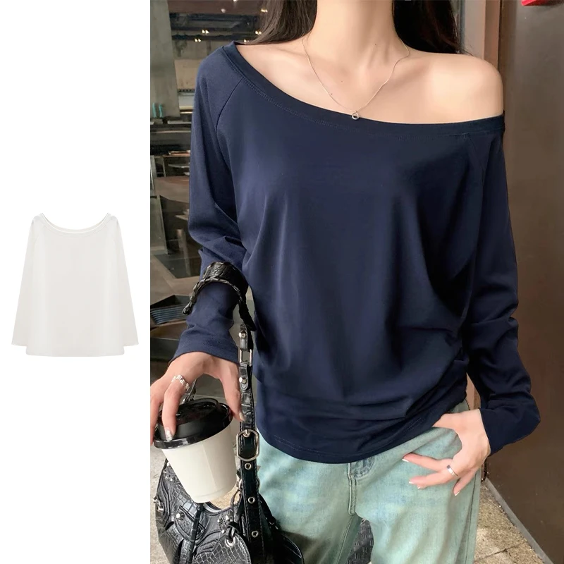 露肩斜肩上衣女高级感一字肩长袖t恤早秋2025新款宽松显瘦慵懒风