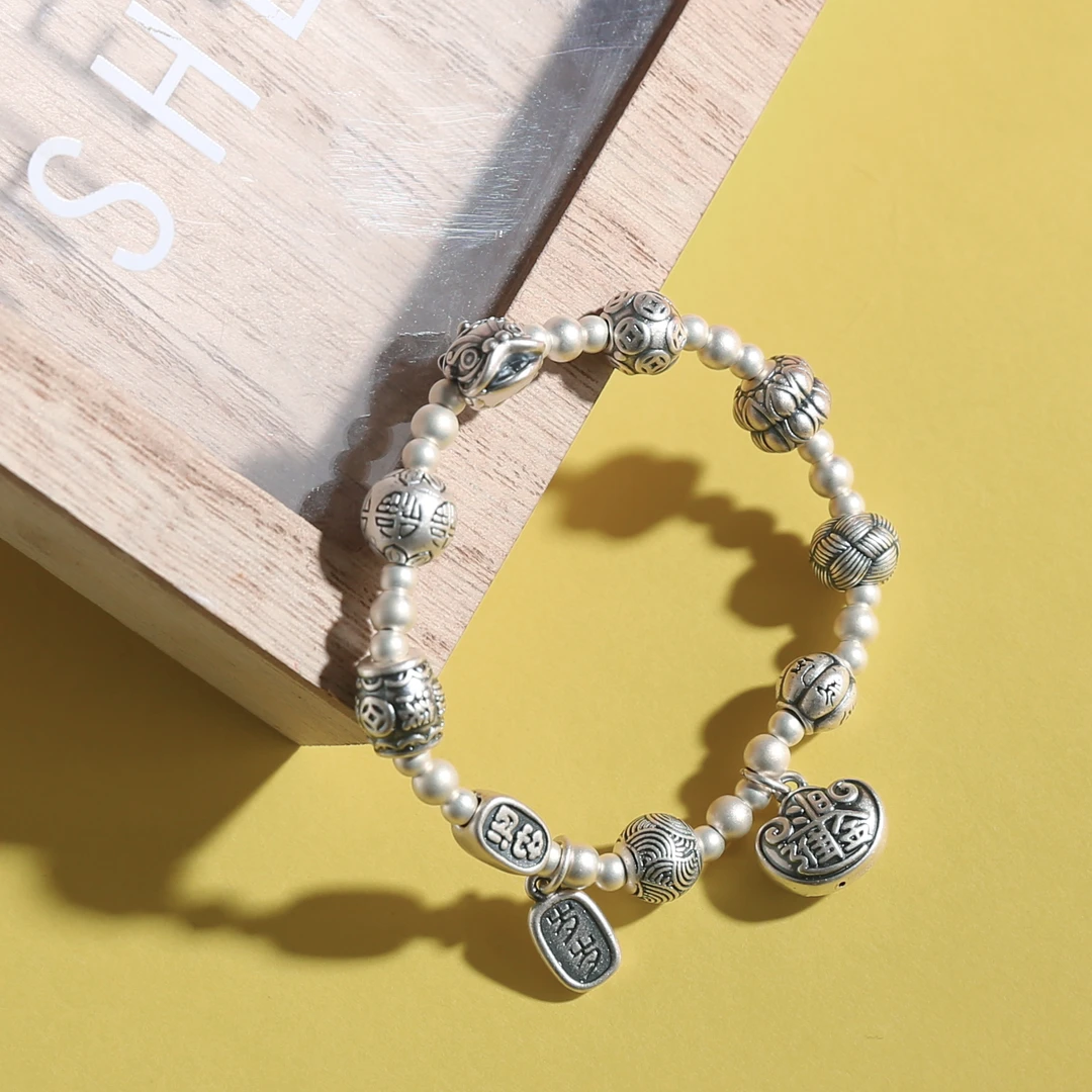 足银手链 日进斗金 多宝 招米纳福醒狮手链复古