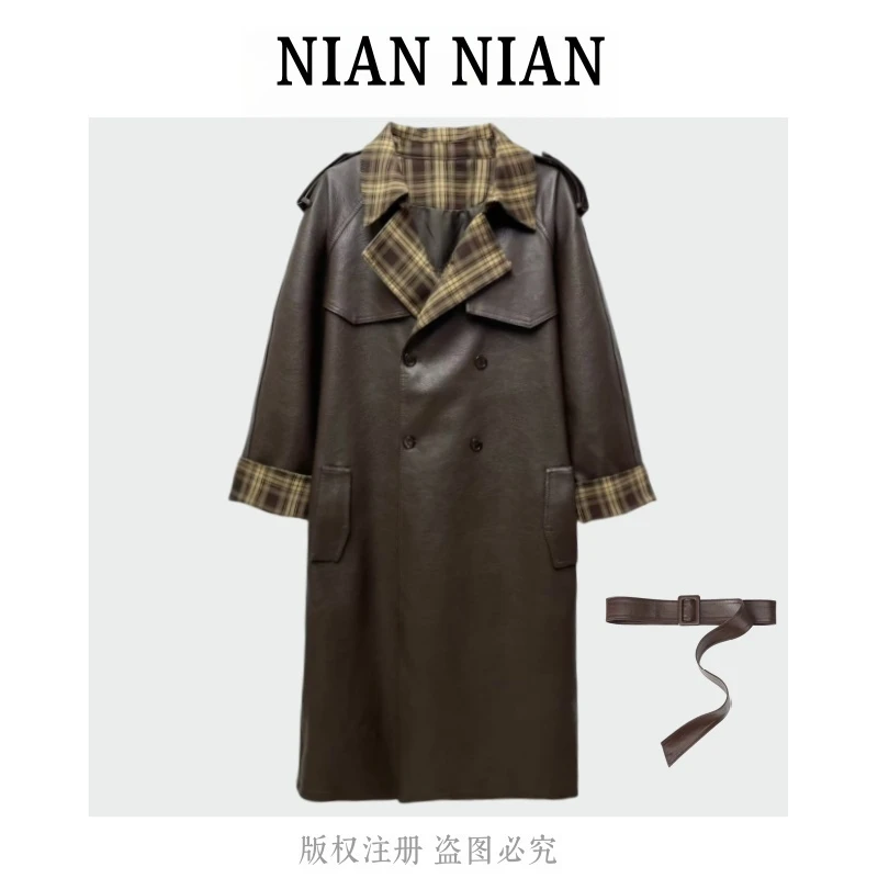 【诗意星蓝】年年2025新款秋冬季高级感格子拼接气质洋气长款皮衣