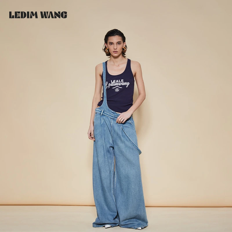 LEDIM WANG【李晟同款】低腰线背带牛仔裤女小众设计休闲显瘦阔腿裤