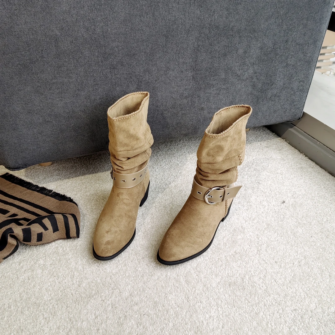 秋冬新款粗跟舒适时尚女短靴子瘦瘦靴圆头中筒靴女鞋-695