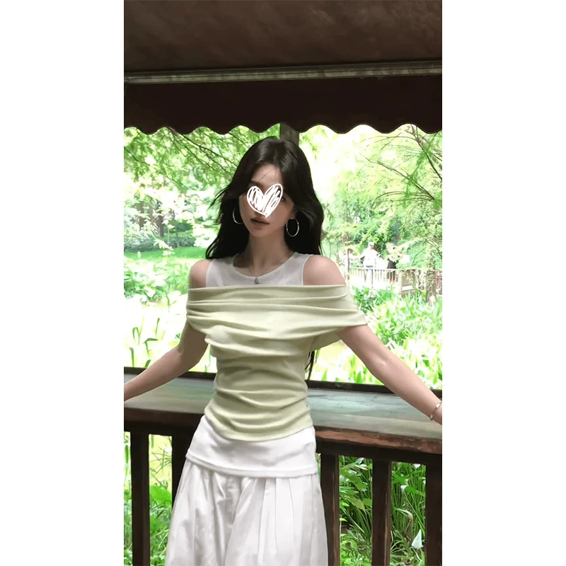 禅意气质款女装韩版小众假两件不规则一字领上衣搭配宽松阔腿裤