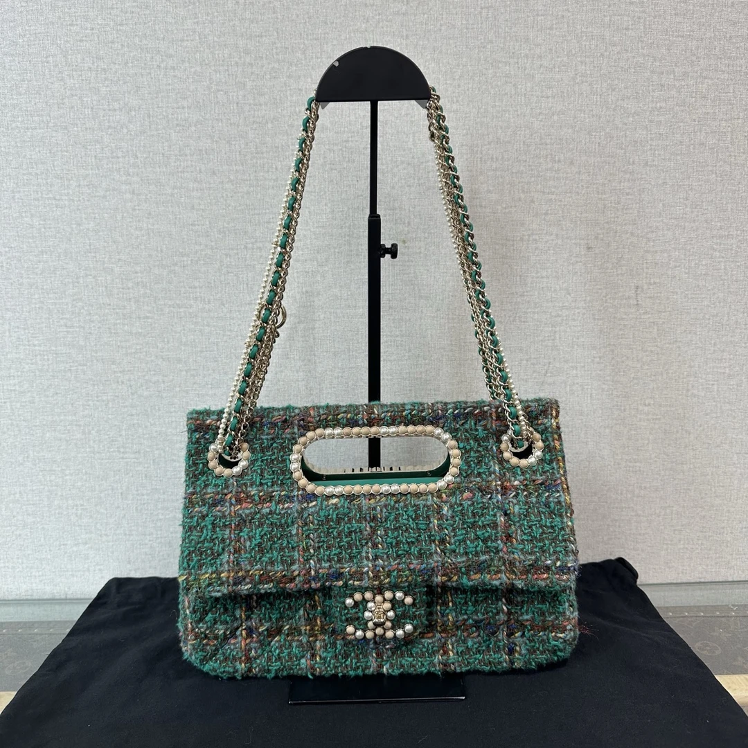 95新 Chanel/香奈儿 威斯敏斯特毛呢绿格子珍珠链条包 61796