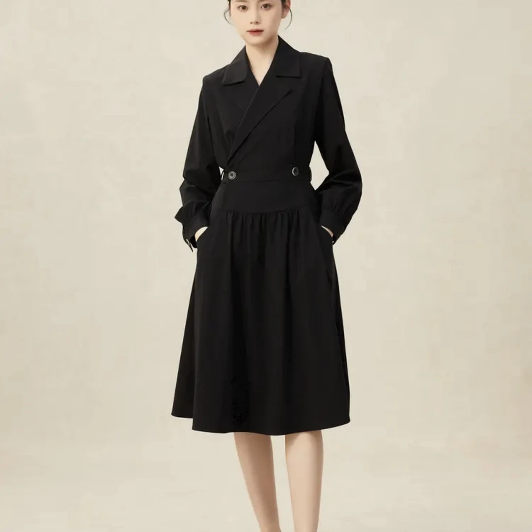 新款女装通勤减龄显瘦赫本风气质西装长裙纯色连衣裙1500438