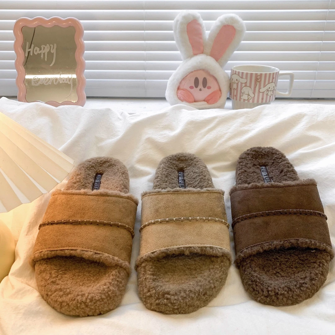 厚底勃肯毛毛拖鞋女外穿2025秋冬新款室内居家加绒保暖一字棉拖鞋