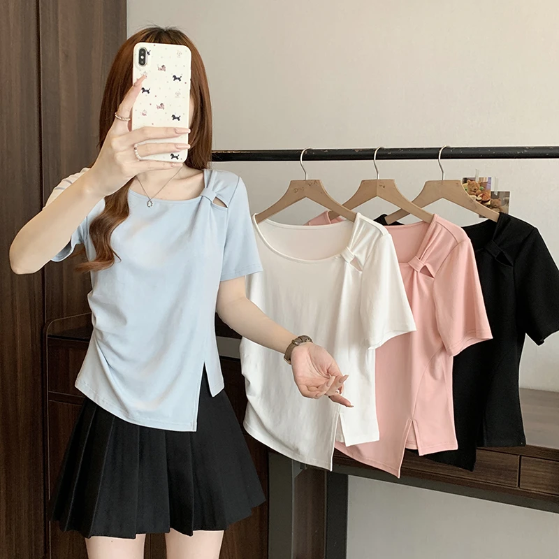 大码女装时尚设计感扭结不规则短袖T恤胖mm小众修身显瘦百搭上衣