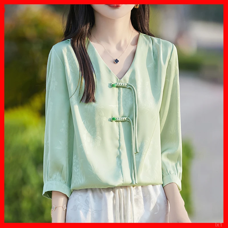 五分袖新中式盘扣复古T恤女中国风半袖轻奢V领提花短袖小众设计感