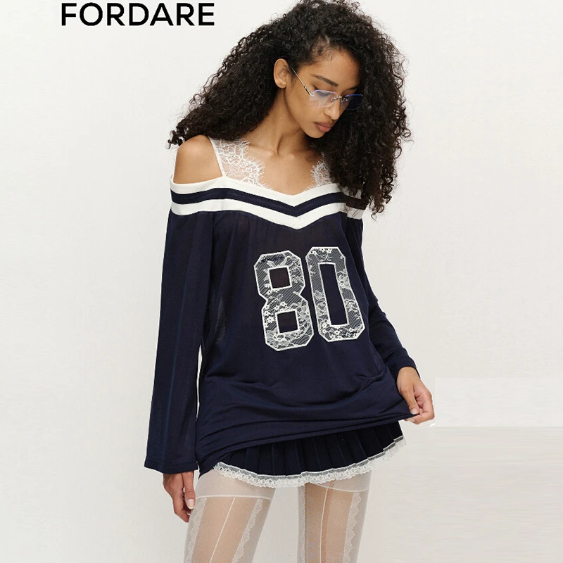 FORDARE/福蝶25春夏蕾丝拼接长袖罩衫上衣女士镂空设计感T恤吊带