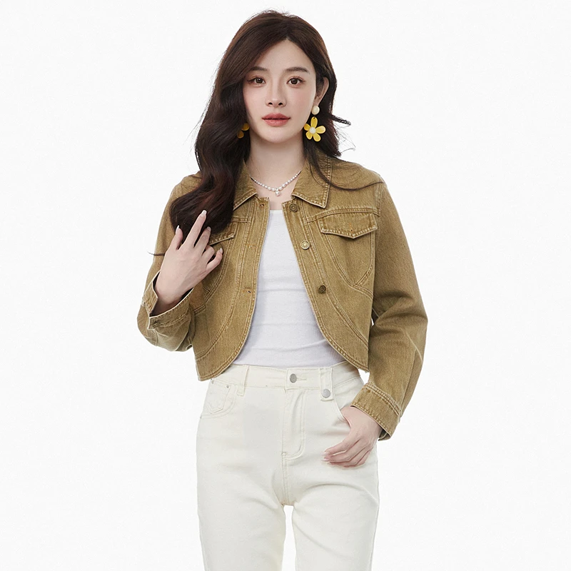 51BY0K0010时尚减龄牛仔上衣单排扣长袖外套女2025春