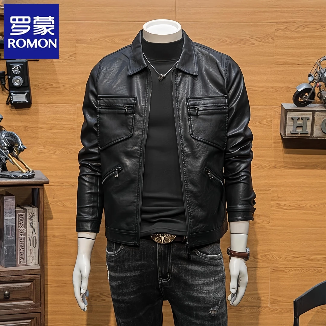 罗蒙春秋季皮衣男士工装外套新款潮牌痞帅休闲短款翻领机车皮夹克