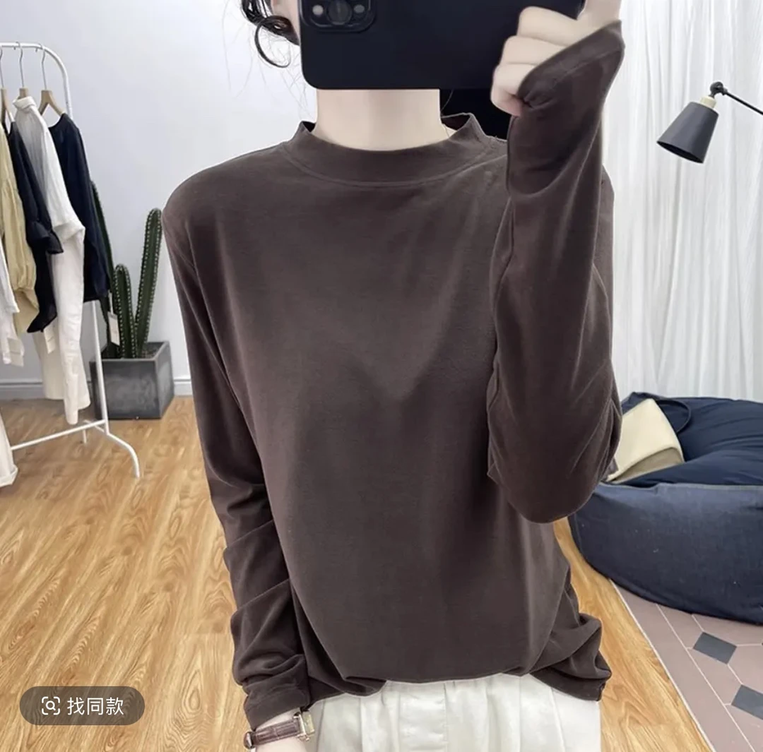 休闲风长袖宽松型T恤半高领纯色洋气修身秋冬打底衫时尚秋季