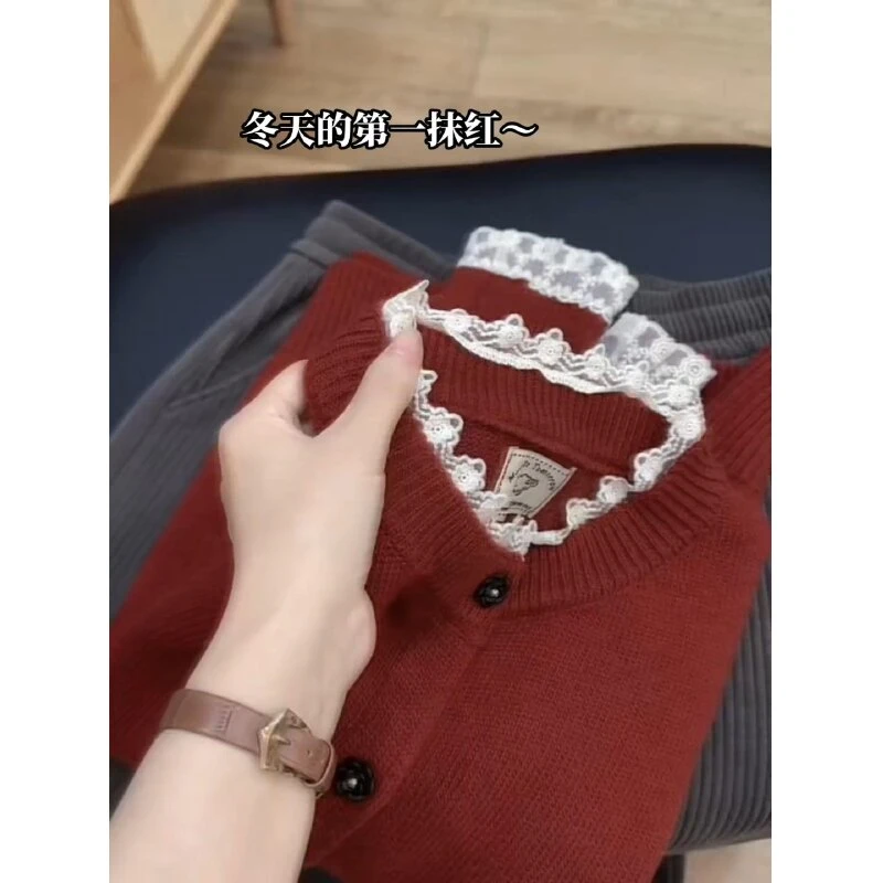 2025秋冬新款高级感洋气百搭减龄显瘦蕾丝花边针织开衫毛衣外套女