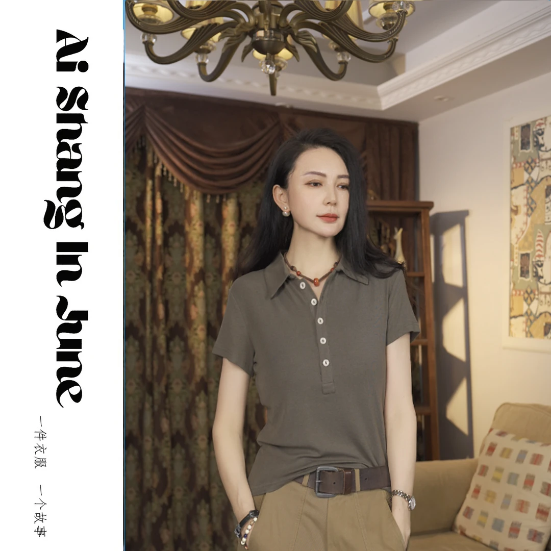 艾裳六月/绵羊毛莱赛尔天丝冰感Polo领时尚简约气质女上衣 05