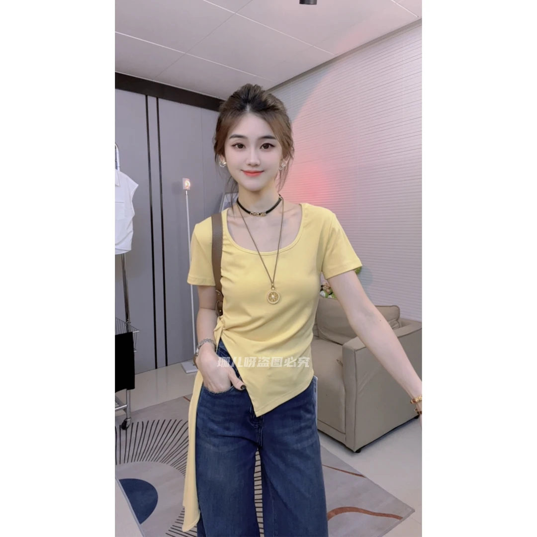 不规则绑带开叉短袖t恤女2025新款夏季设计感褶皱收腰显瘦上衣女