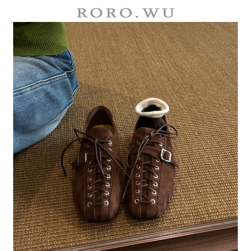 娆娆吴·羊皮法式复古方头交叉绑带芭蕾舞鞋春季新款百搭单鞋女C13