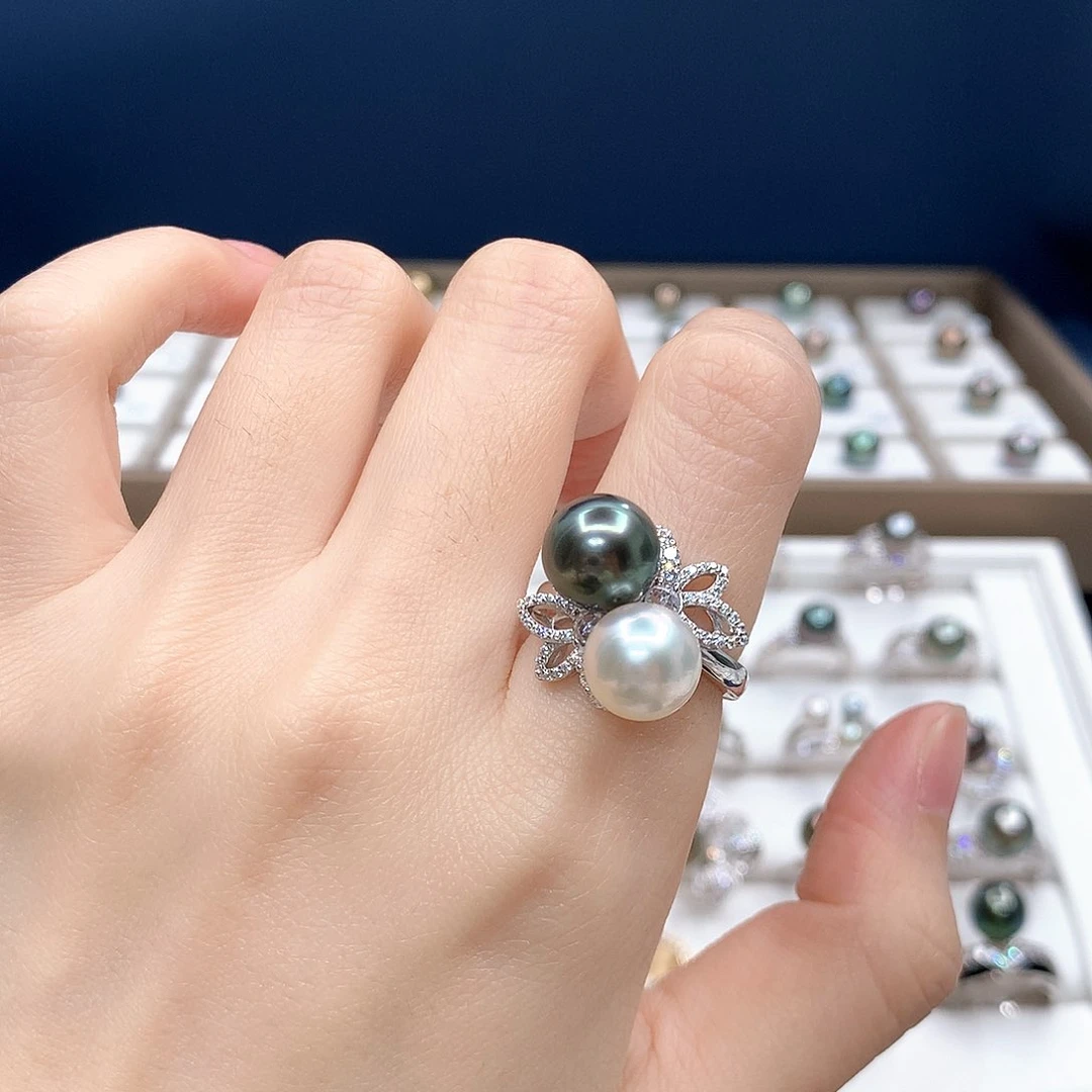 银S925镶嵌戒圈海水珍珠大溪地澳白双珠戒指