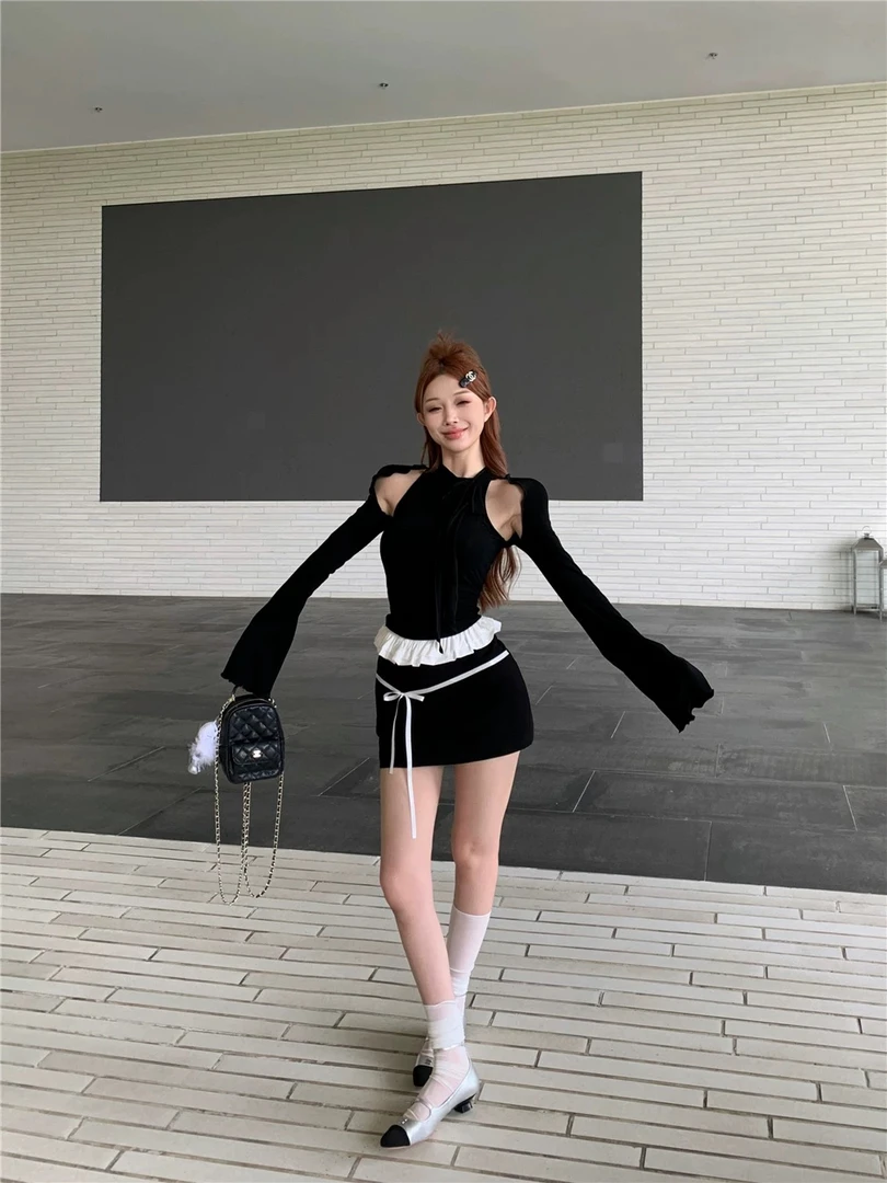 7626/高腰撞色花边拼接半裙