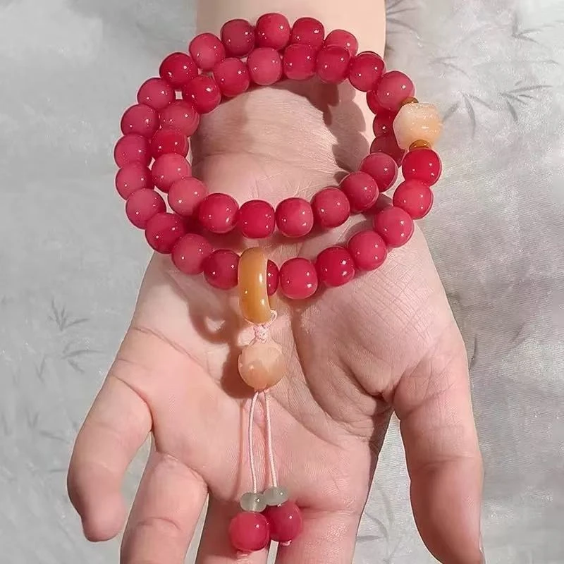 乌梅紫酱双圈原生态菩提根跑环手串 精雕莲花 女盘玩手持文玩饰品