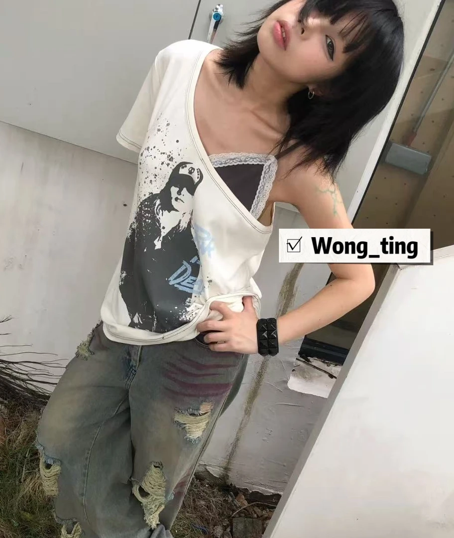 【W_ting】2025新款小众设计师单间带拼接T恤6511